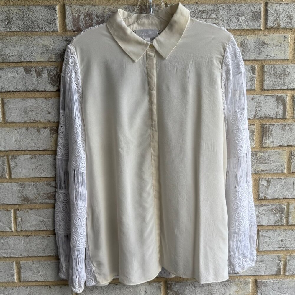 ALEXIS Cotton Crochet Lace Long Sleeve 100% Silk Button Up Blouse Women's Size L
